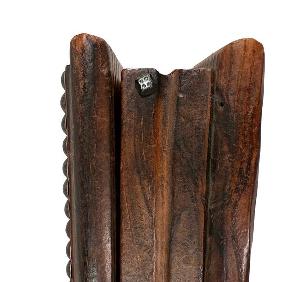 Vintage Wood Jewelry Box Carved Leather Top Roman Guards & Shields Design - Picture 4 of 11